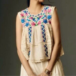 Anthropologie Cream and Blue Sleeveless Blouse with Embellished Tiered Design